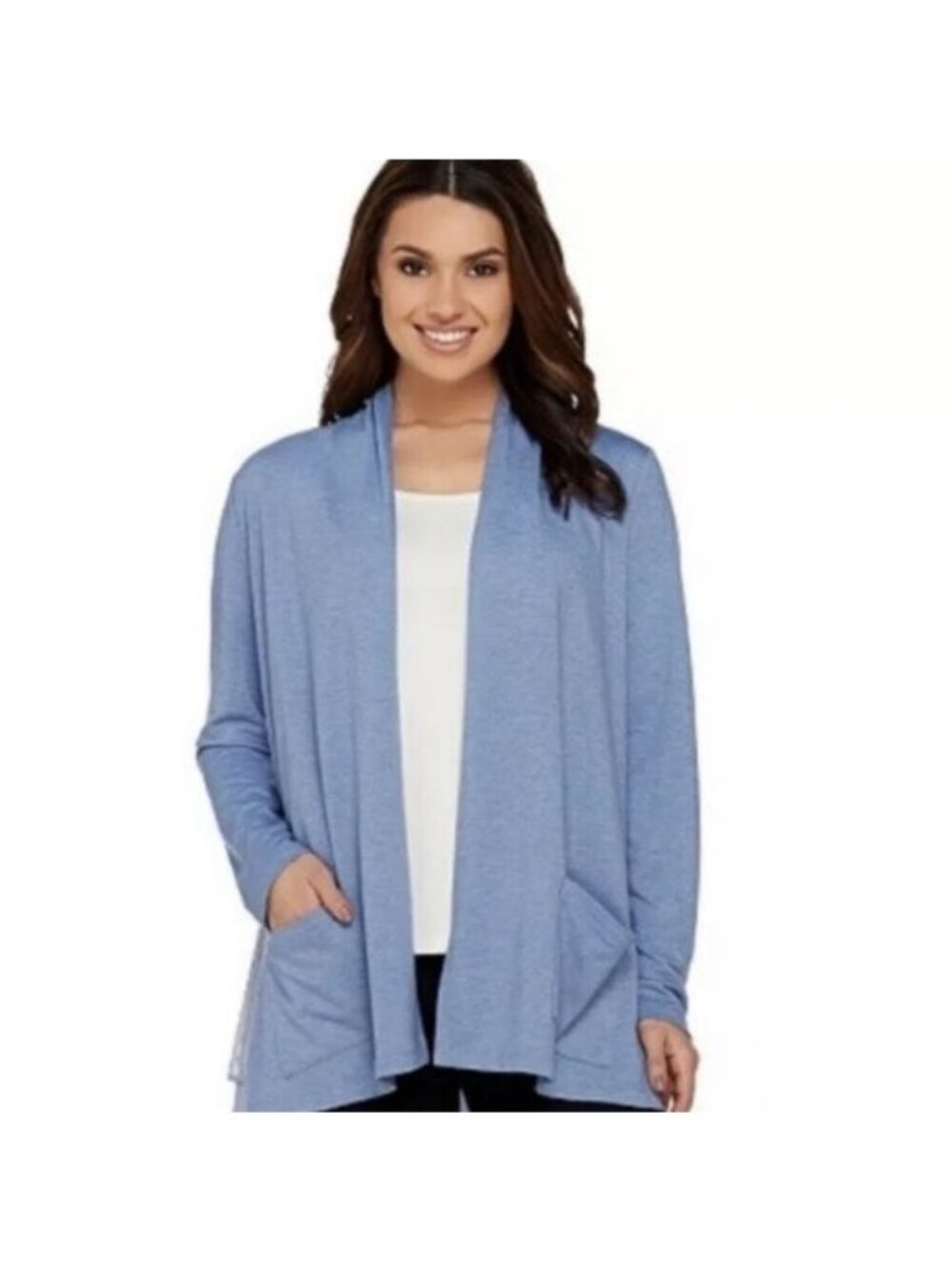 LOGO Lounge Lori Goldstein Cardigan Medium w/ Hem Detail Open Front Swiss Dot